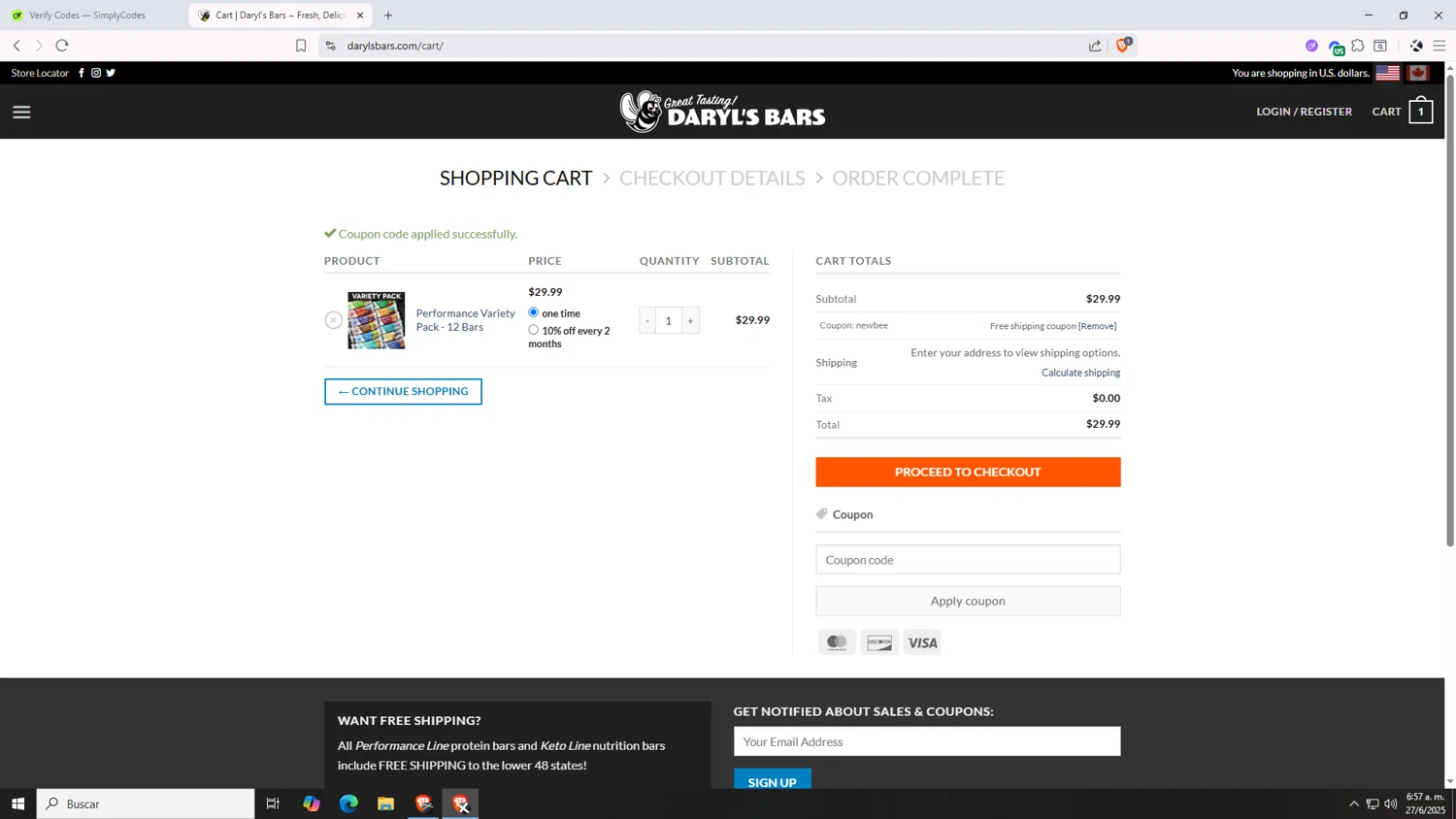 Daryl's Bars checkout page showing Daryl's Bars coupon code box | Screenshot taken by SimplyCodes community member on Jun 27, 2025