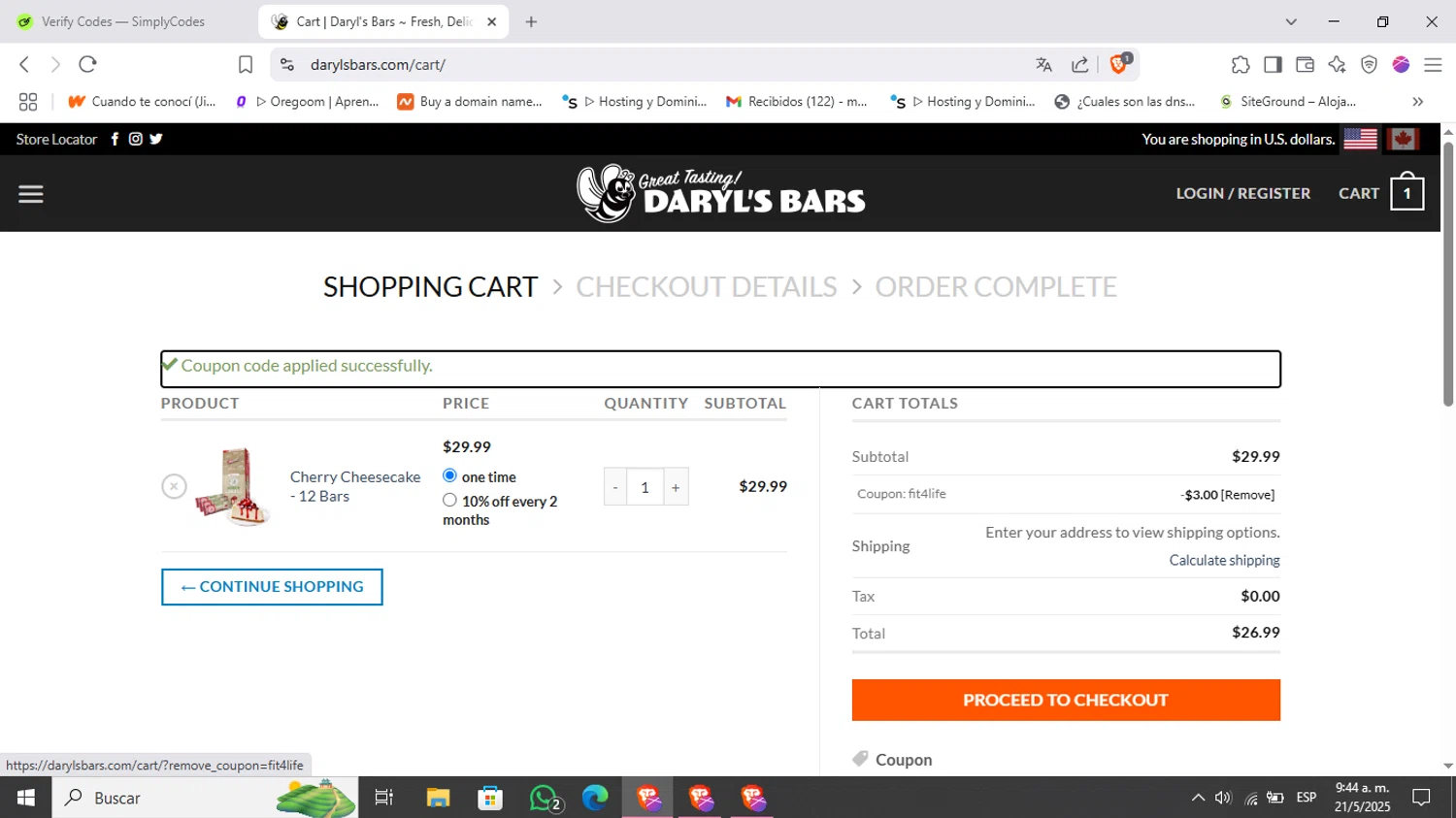 Daryl's Bars coupon code screenshot showing code FIT4LIFE applied at Daryl's Bars checkout page. Uploaded by SimplyCodes community member Kimberly on May 21, 2025