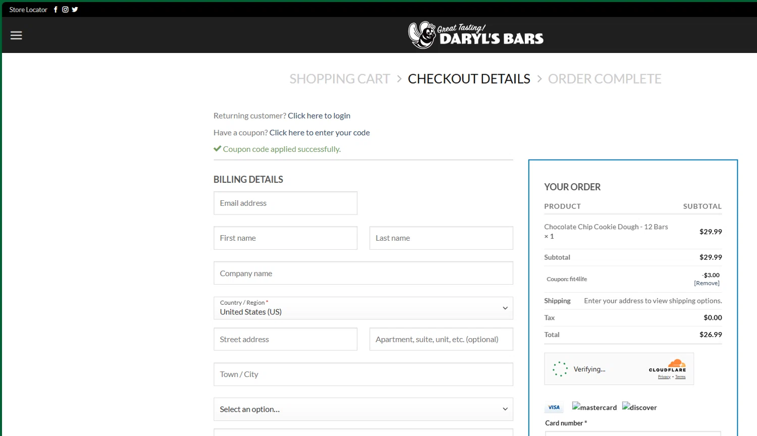 Daryl's Bars coupon code screenshot showing code FIT4LIFE applied at Daryl's Bars checkout page. Uploaded by SimplyCodes community member chepipro on Jun 18, 2025