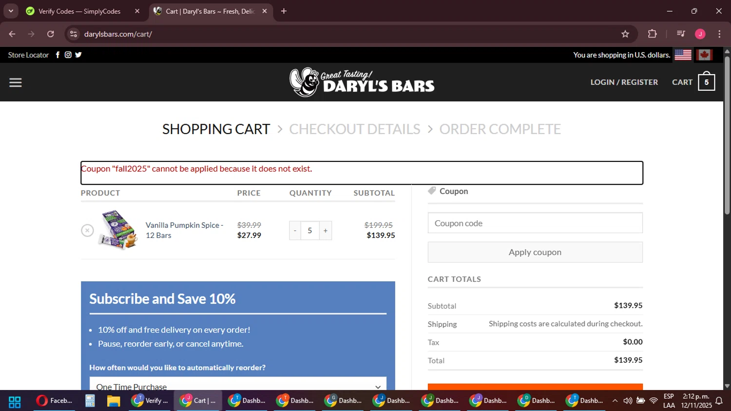 Daryl's Bars coupon code screenshot showing code fall2025 applied at Daryl's Bars checkout page. Uploaded by SimplyCodes community member JackWilson63 on Nov 12, 2025
