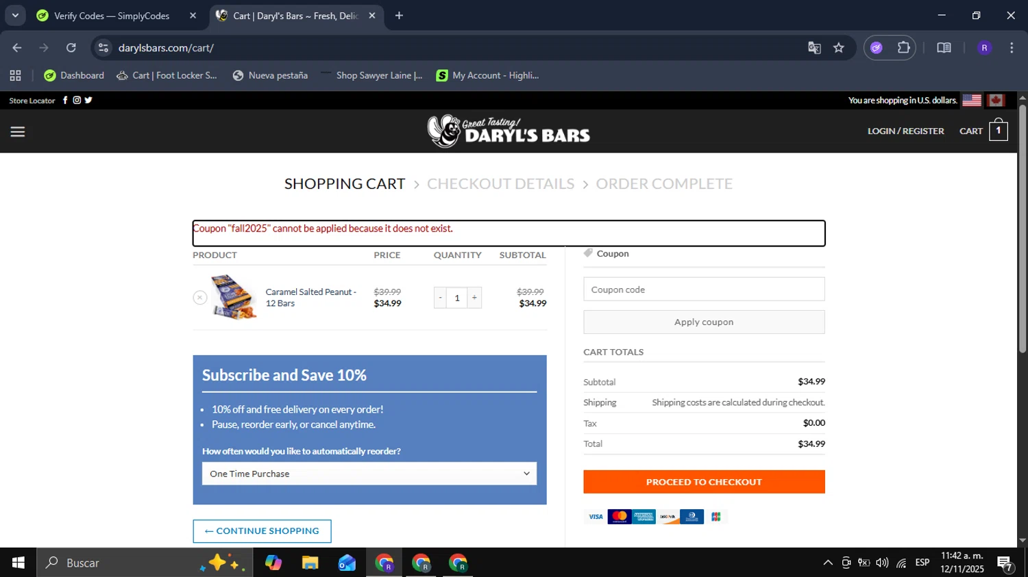 Daryl's Bars coupon code screenshot showing code fall2025 applied at Daryl's Bars checkout page. Uploaded by SimplyCodes community member Mykeusername on Nov 12, 2025