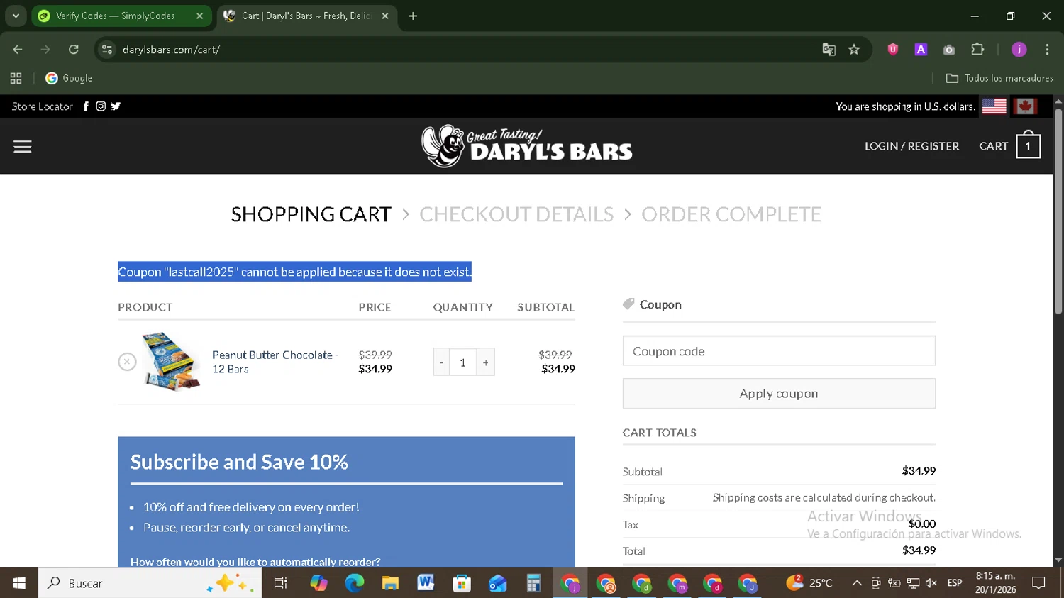Daryl's Bars coupon code screenshot showing code LASTCALL2025 applied at Daryl's Bars checkout page. Uploaded by SimplyCodes community member Tazbravo on Jan 20, 2026