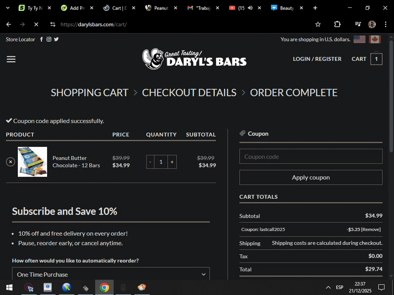 Daryl's Bars coupon code screenshot showing code LASTCALL2025 applied at Daryl's Bars checkout page. Uploaded by SimplyCodes community member MarcosAranguren on Dec 22, 2025
