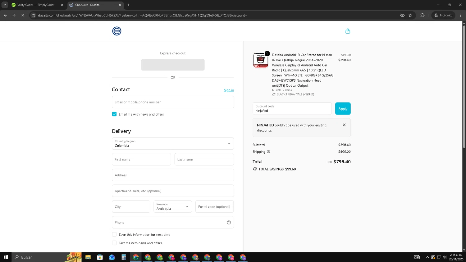 Dasaita discount code screenshot showing code ninjafied applied at Dasaita checkout page. Uploaded by SimplyCodes community member HAOJIN on Nov 20, 2025