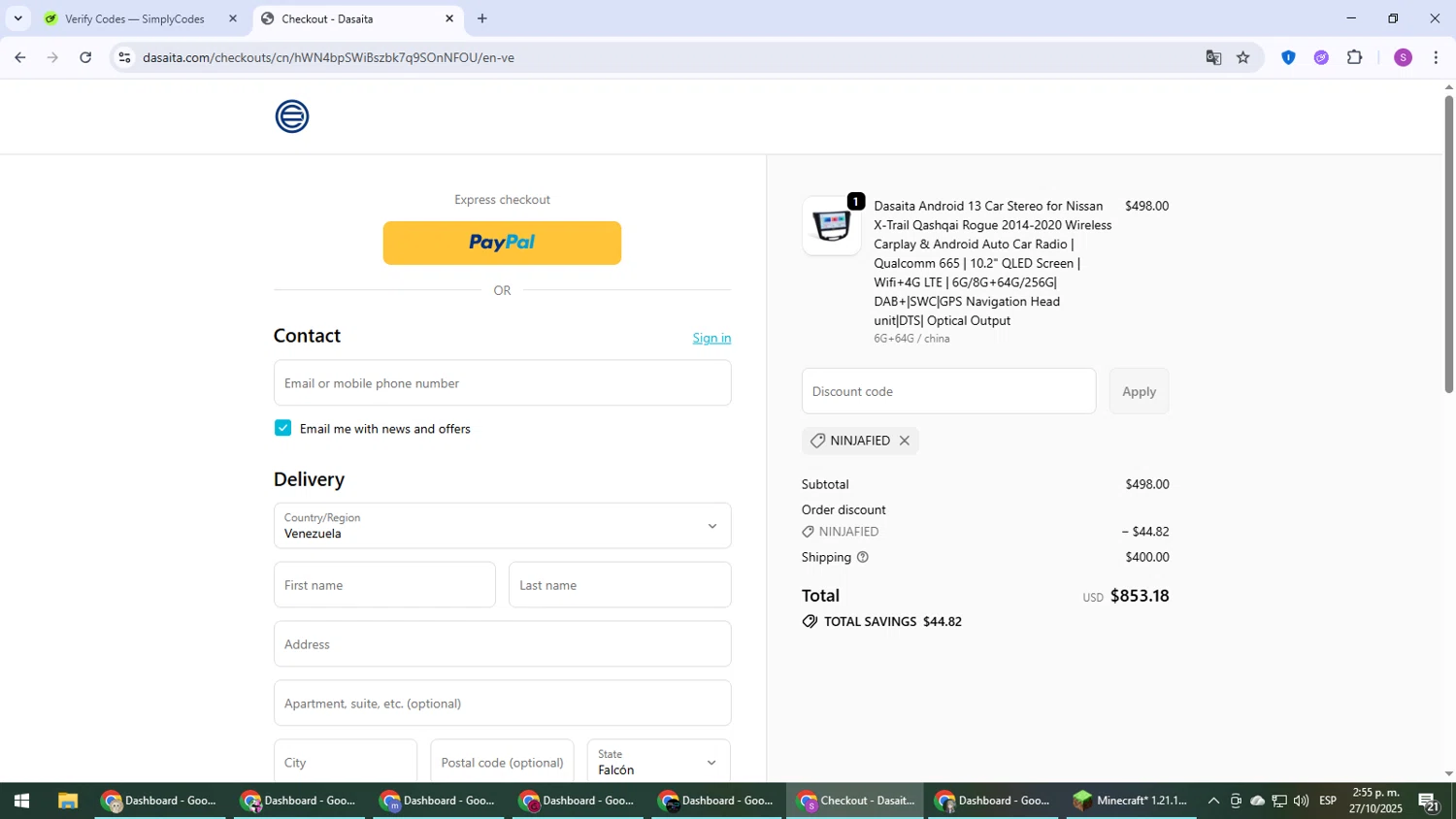 Dasaita discount code screenshot showing code ninjafied applied at Dasaita checkout page. Uploaded by SimplyCodes community member Son_Goku on Oct 27, 2025