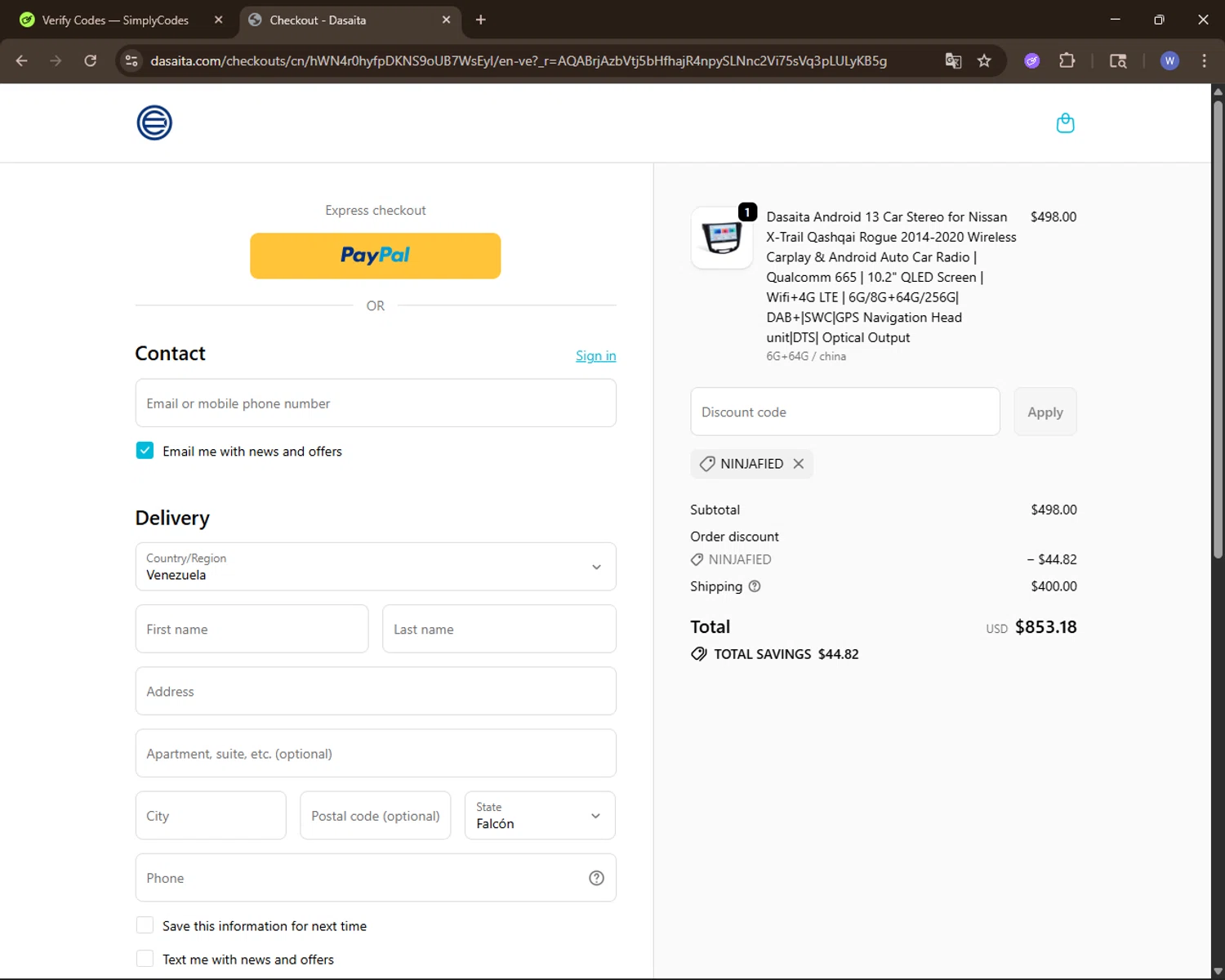Dasaita discount code screenshot showing code ninjafied applied at Dasaita checkout page. Uploaded by SimplyCodes community member VoucherElite7352 on Nov 3, 2025
