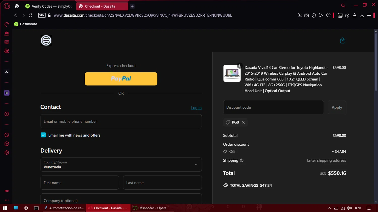 Dasaita discount code screenshot showing code RG8 applied at Dasaita checkout page. Uploaded by SimplyCodes community member Eliott on Apr 21, 2025