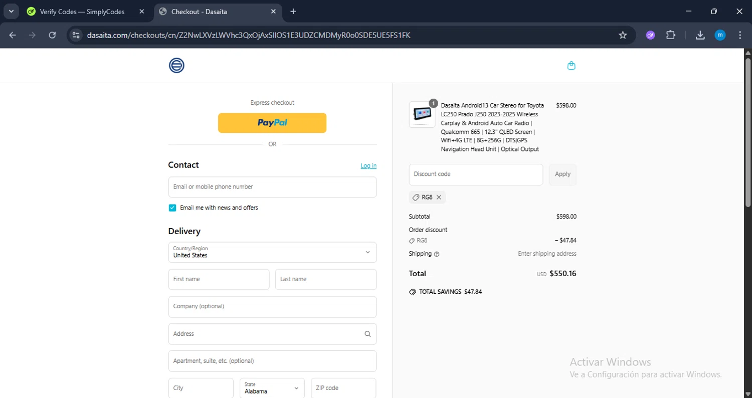 Dasaita discount code screenshot showing code RG8 applied at Dasaita checkout page. Uploaded by SimplyCodes community member LuckyWarden9122 on Jun 26, 2025