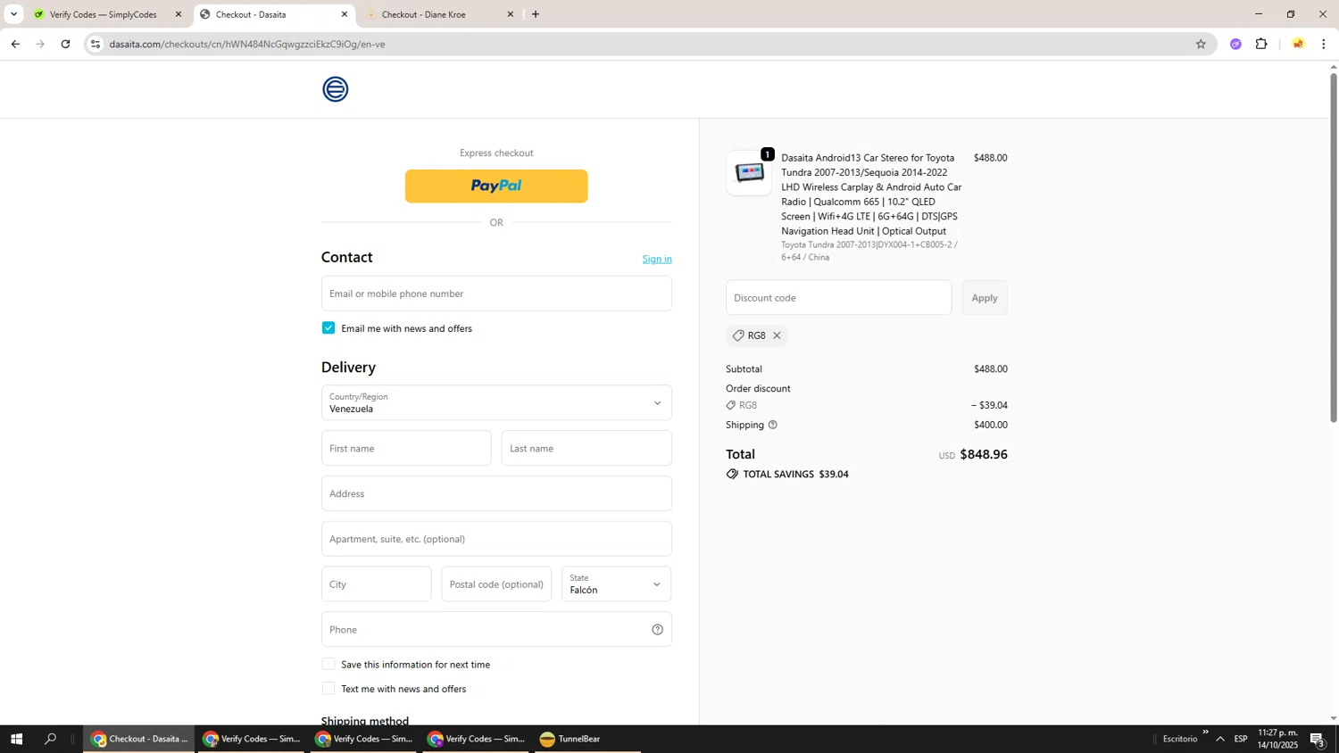 Dasaita discount code screenshot showing code RG8 applied at Dasaita checkout page. Uploaded by SimplyCodes community member Richard251 on Oct 15, 2025