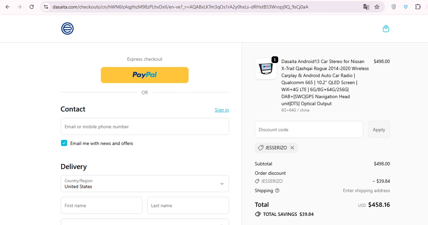 Dasaita discount code screenshot showing code JESSERIZO applied at Dasaita checkout page. Uploaded by SimplyCodes community member carol_lameda on Dec 11, 2025