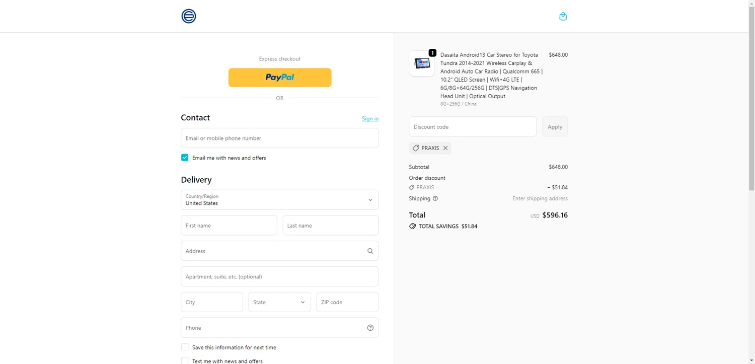 Dasaita discount code screenshot showing code PRAXIS applied at Dasaita checkout page. Uploaded by SimplyCodes community member CrownTiger6508 on Dec 29, 2025