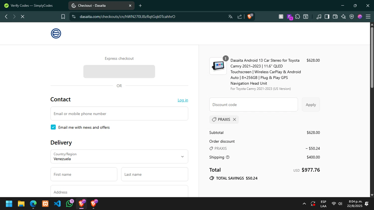 Dasaita discount code screenshot showing code PRAXIS applied at Dasaita checkout page. Uploaded by SimplyCodes community member DanielP on Aug 23, 2025