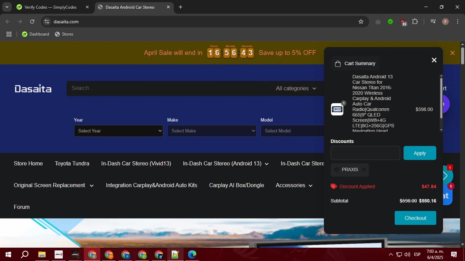 Dasaita discount code screenshot showing code PRAXIS applied at Dasaita checkout page. Uploaded by SimplyCodes community member PrimeTiger1163 on Apr 6, 2025