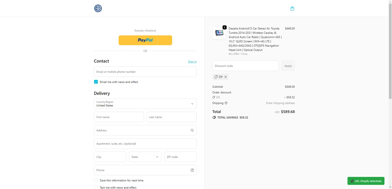 Dasaita discount code screenshot showing code D9 applied at Dasaita checkout page. Uploaded by SimplyCodes community member ScanRanger3503 on Dec 29, 2025