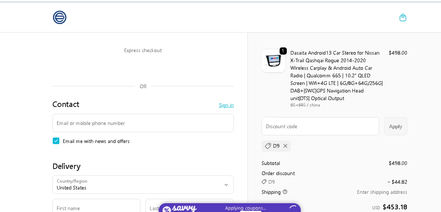 Dasaita discount code screenshot showing code D9 applied at Dasaita checkout page. Uploaded by SimplyCodes community member shark12 on Nov 13, 2025