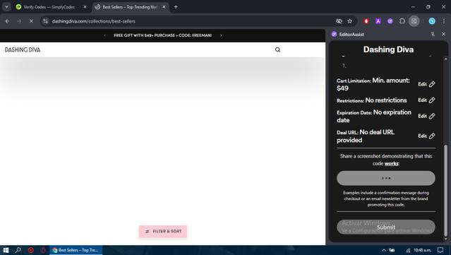 Dashing Diva checkout page showing Dashing Diva coupon code box | Screenshot taken by SimplyCodes community member on Sep 15, 2025
