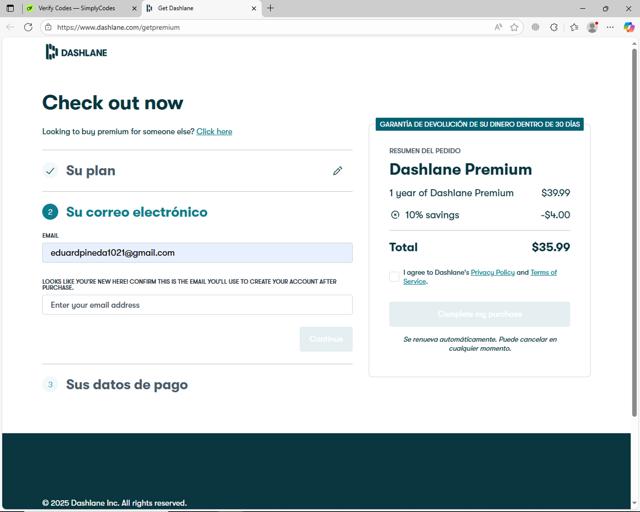 Dashlane checkout page showing Dashlane promo code box | Screenshot taken by SimplyCodes community member on Sep 10, 2025