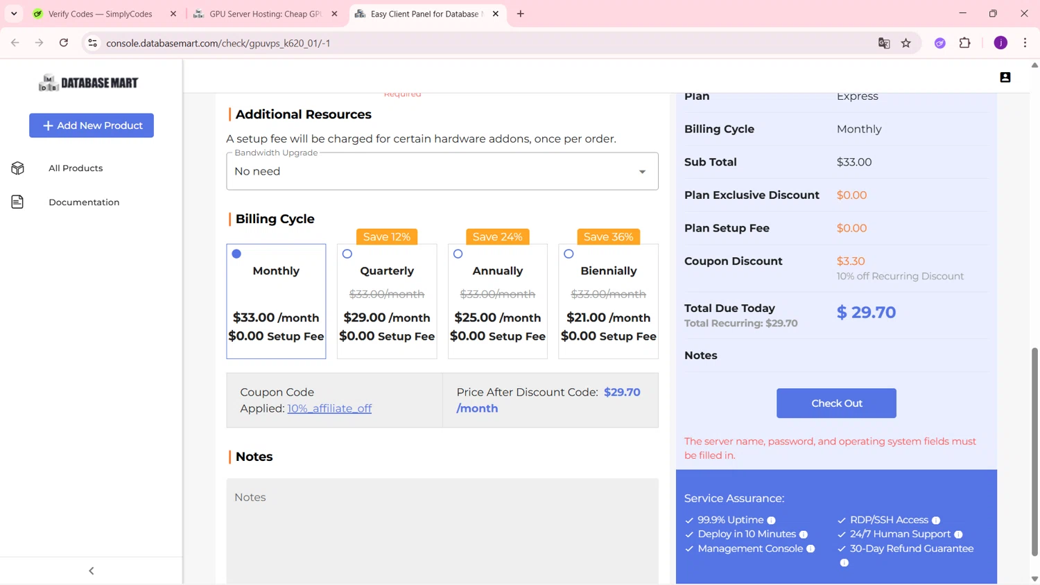 Database Mart promo code screenshot showing code 10%_affiliate_off applied at Database Mart checkout page. Uploaded by SimplyCodes community member MagnificentSleuth912 on Dec 3, 2025