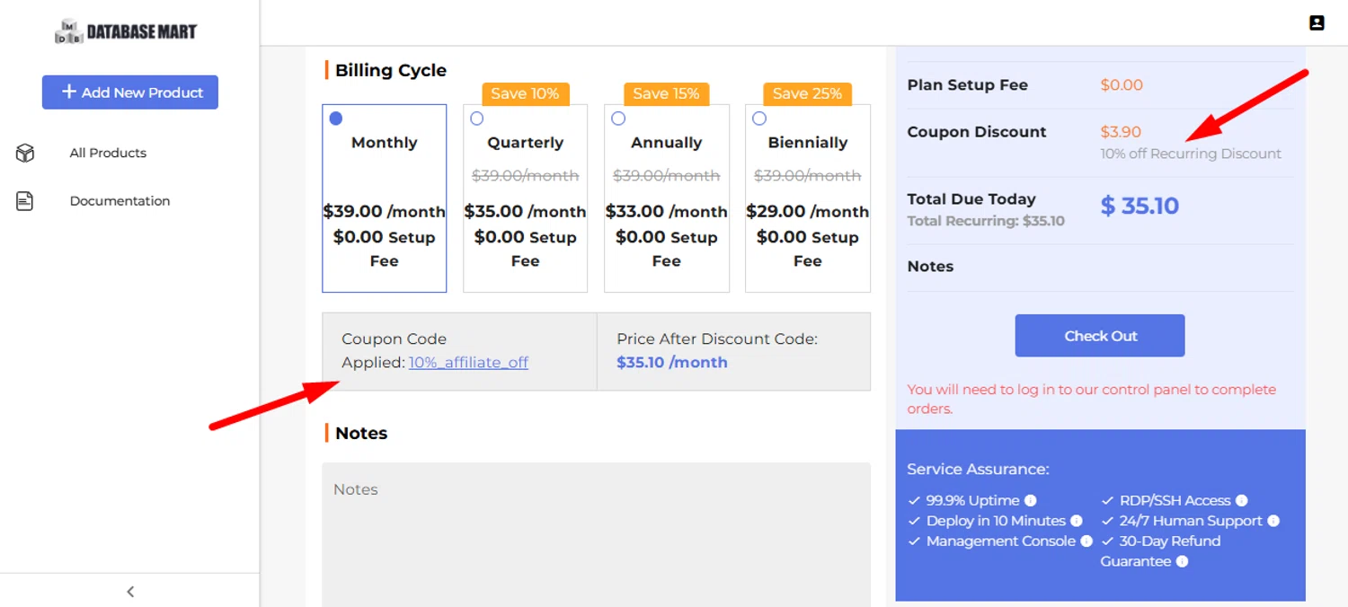 Database Mart promo code screenshot showing code 10%_affiliate_off applied at Database Mart checkout page. Uploaded by SimplyCodes community member Myrulesmagazine23 on Nov 11, 2025