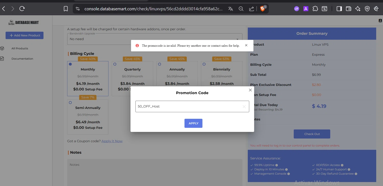 Database Mart promo code screenshot showing code 50_OFF_Host applied at Database Mart checkout page. Uploaded by SimplyCodes community member DiaCritics on Sep 24, 2025