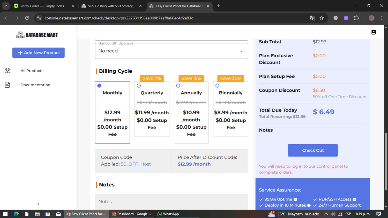 Database Mart promo code screenshot showing code 50_OFF_Host applied at Database Mart checkout page. Uploaded by SimplyCodes community member gleykerjose on Oct 24, 2025