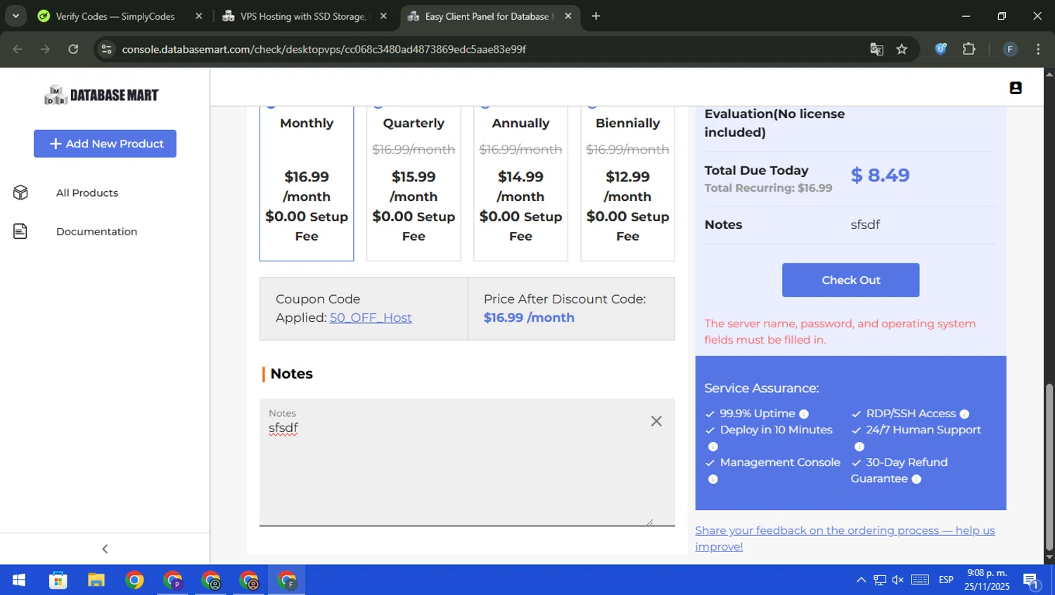 Database Mart promo code screenshot showing code 50_OFF_Host applied at Database Mart checkout page. Uploaded by SimplyCodes community member pajarito on Nov 26, 2025