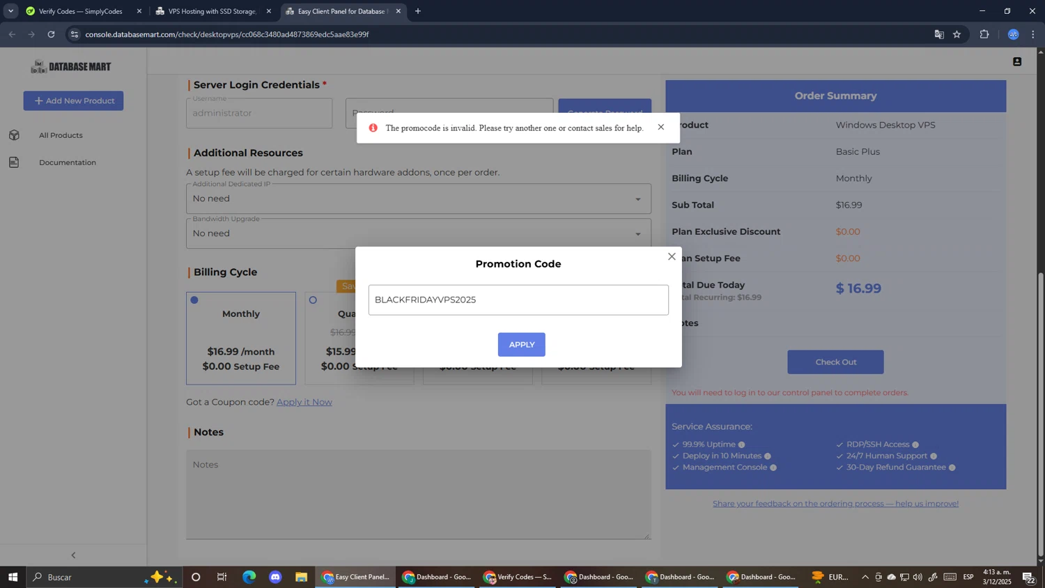 Database Mart promo code screenshot showing code BLACKFRIDAYVPS2025 applied at Database Mart checkout page. Uploaded by SimplyCodes community member RoyalExpert3857 on Dec 3, 2025