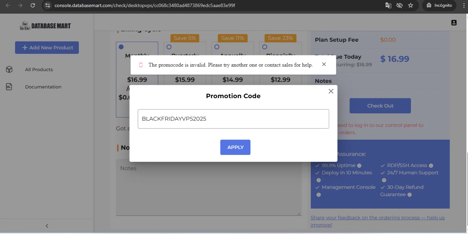 Database Mart promo code screenshot showing code BLACKFRIDAYVPS2025 applied at Database Mart checkout page. Uploaded by SimplyCodes community member UchihaMadara on Dec 3, 2025