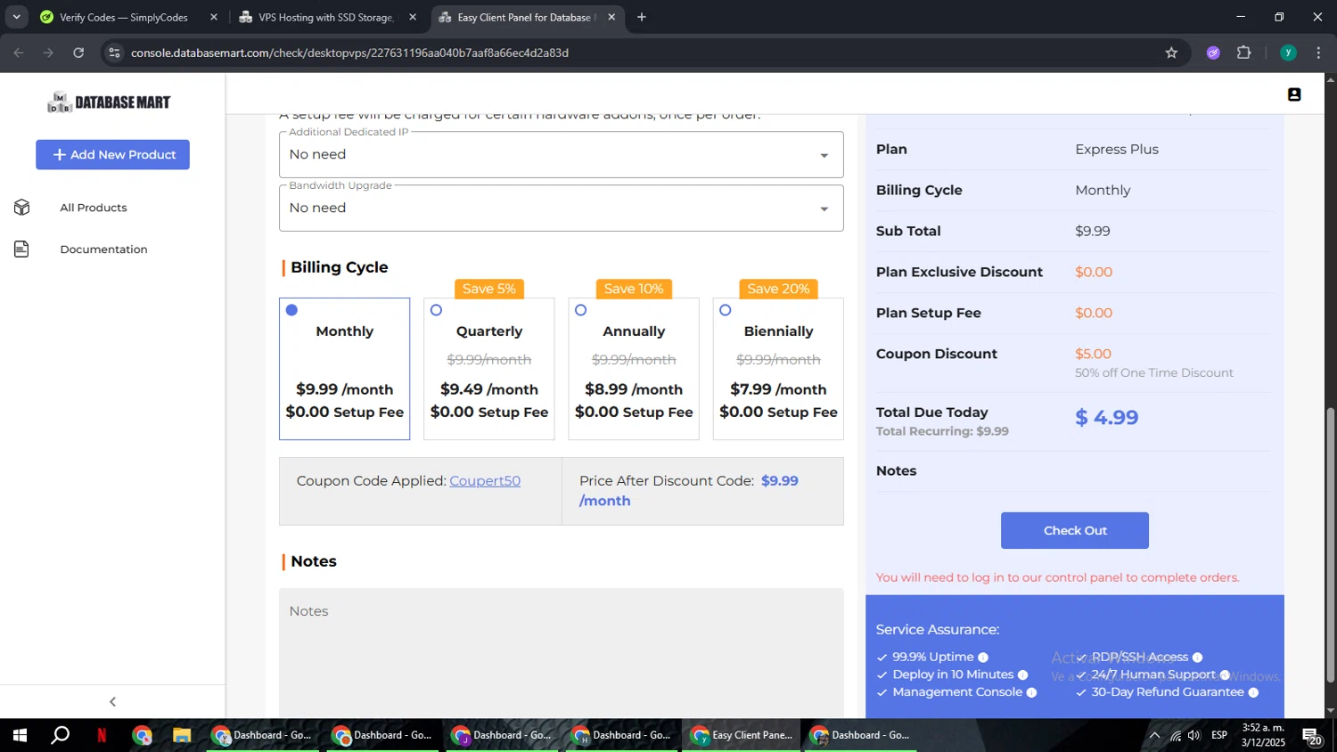 Database Mart promo code screenshot showing code Coupert50 applied at Database Mart checkout page. Uploaded by SimplyCodes community member FrugalCaptain6906 on Dec 3, 2025
