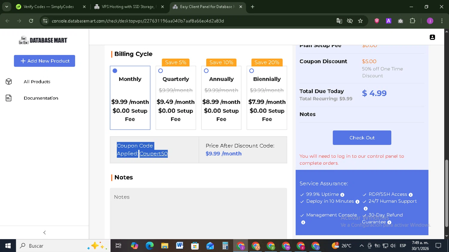 Database Mart promo code screenshot showing code Coupert50 applied at Database Mart checkout page. Uploaded by SimplyCodes community member Tazbravo on Jan 30, 2026