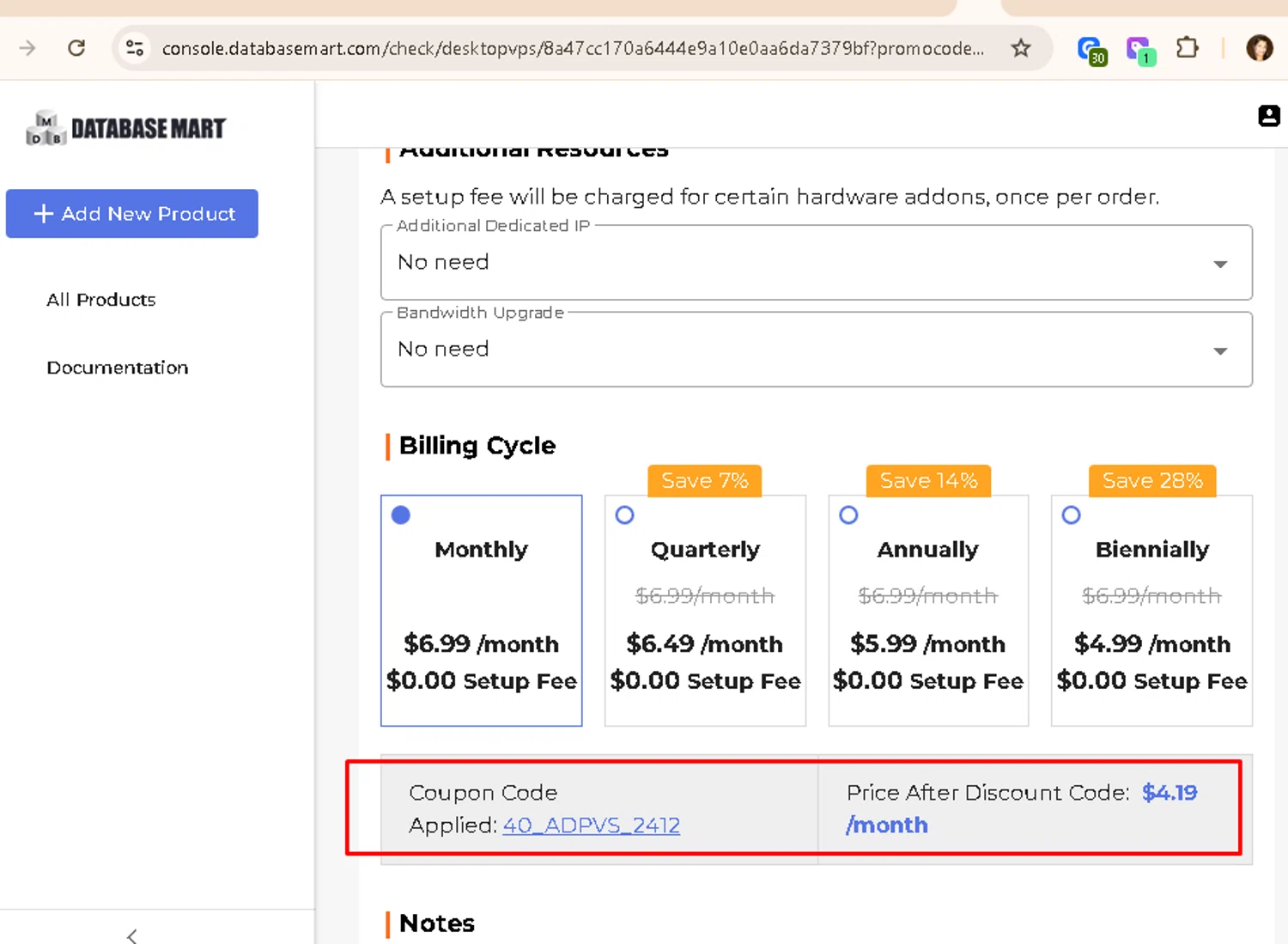 Database Mart promo code screenshot showing code 40_ADPVS_2412 applied at Database Mart checkout page. Uploaded by SimplyCodes community member AMANDA2681 on Nov 11, 2025