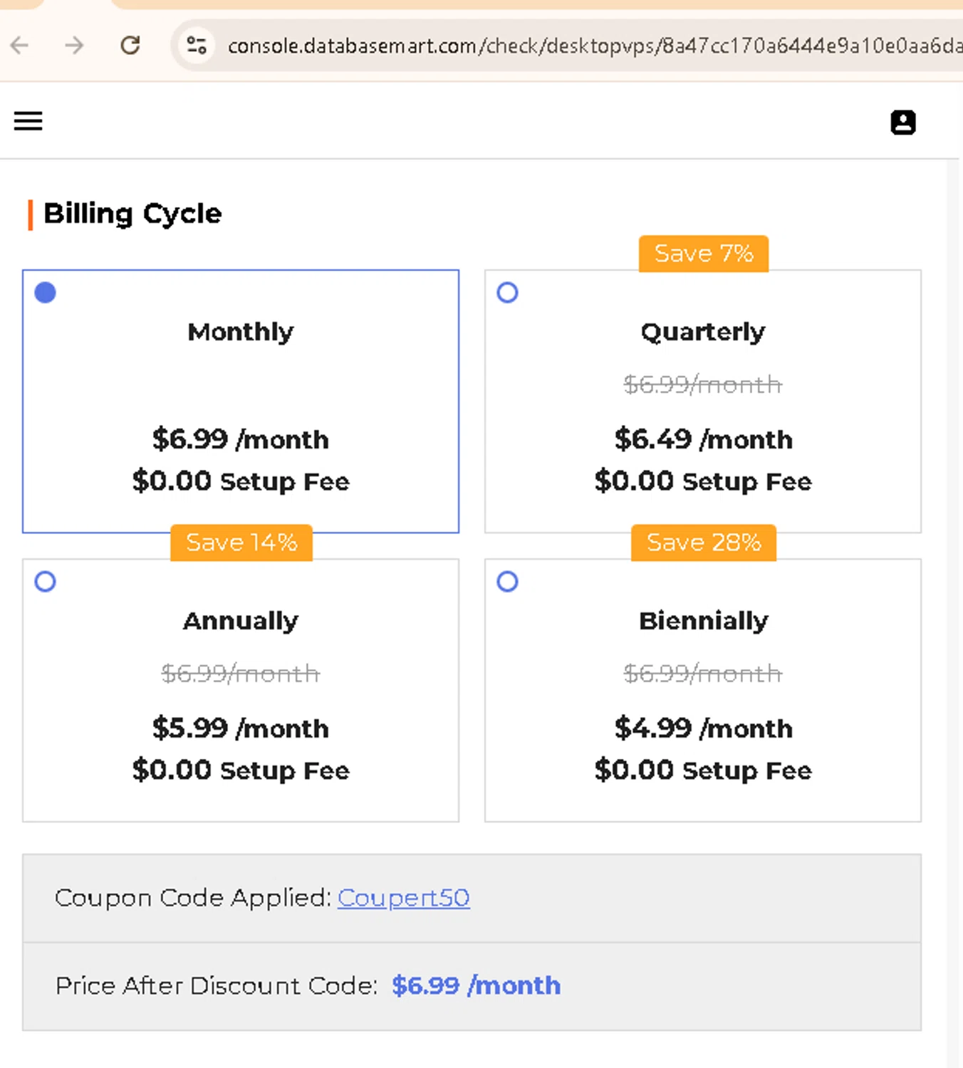 Database Mart promo code screenshot showing code Coupert50 applied at Database Mart checkout page. Uploaded by SimplyCodes community member AMANDA2681 on Nov 11, 2025