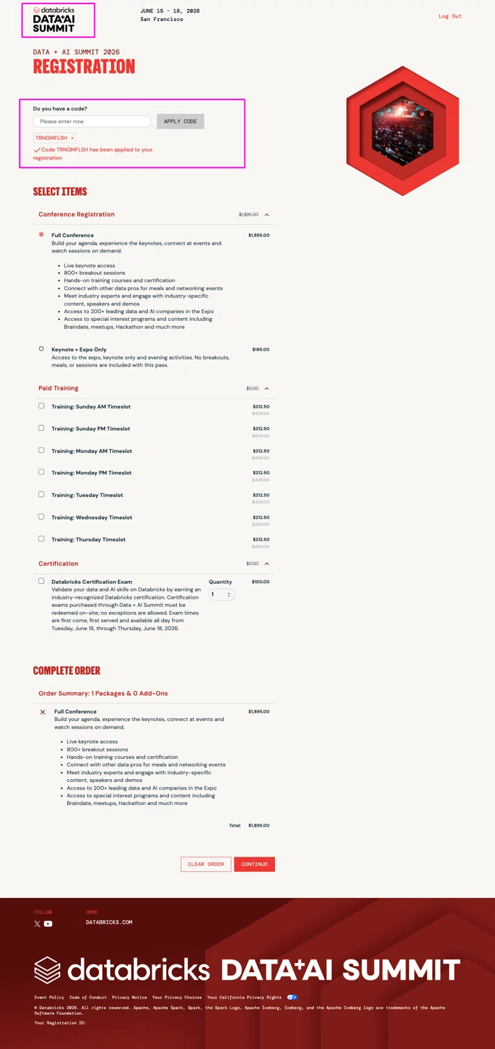 Databricks promo code screenshot showing code TRNGMFLSH applied at Databricks checkout page. Uploaded by SimplyCodes community member mrdarcy on May 29, 2026