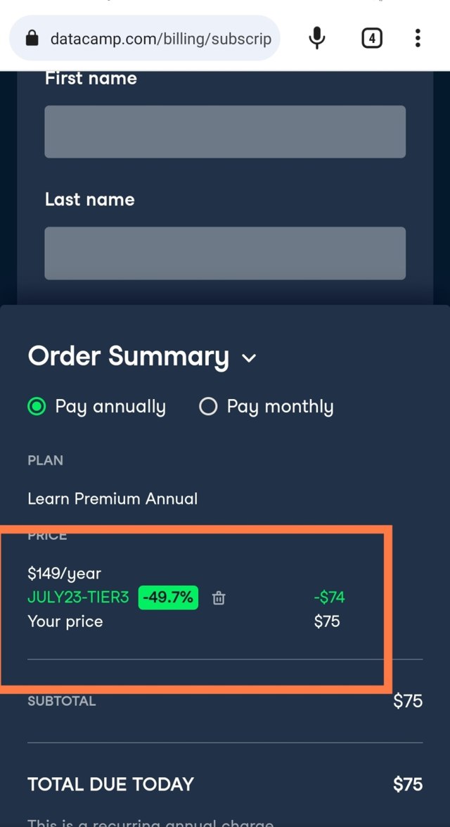 DataCamp checkout page showing DataCamp coupon code box | Screenshot taken by SimplyCodes community member on Jul 28, 2023