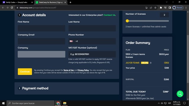 DataCamp checkout page showing DataCamp coupon code box | Screenshot taken by SimplyCodes community member on Jul 31, 2023