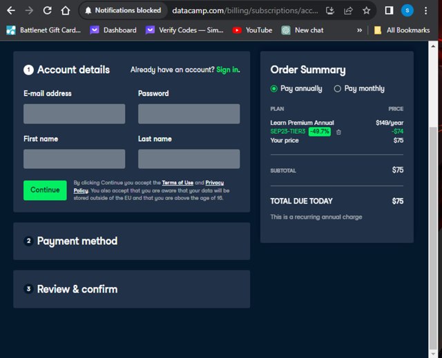 DataCamp checkout page showing DataCamp coupon code box | Screenshot taken by SimplyCodes community member on Sep 23, 2023
