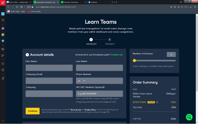 DataCamp checkout page showing DataCamp coupon code box | Screenshot taken by SimplyCodes community member on Sep 23, 2023