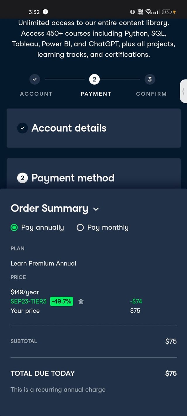 DataCamp checkout page showing DataCamp coupon code box | Screenshot taken by SimplyCodes community member on Sep 15, 2023