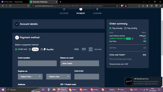 DataCamp checkout page showing DataCamp coupon code box | Screenshot taken by SimplyCodes community member on Oct 23, 2023