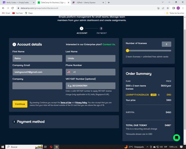 DataCamp checkout page showing DataCamp coupon code box | Screenshot taken by SimplyCodes community member on Sep 28, 2023