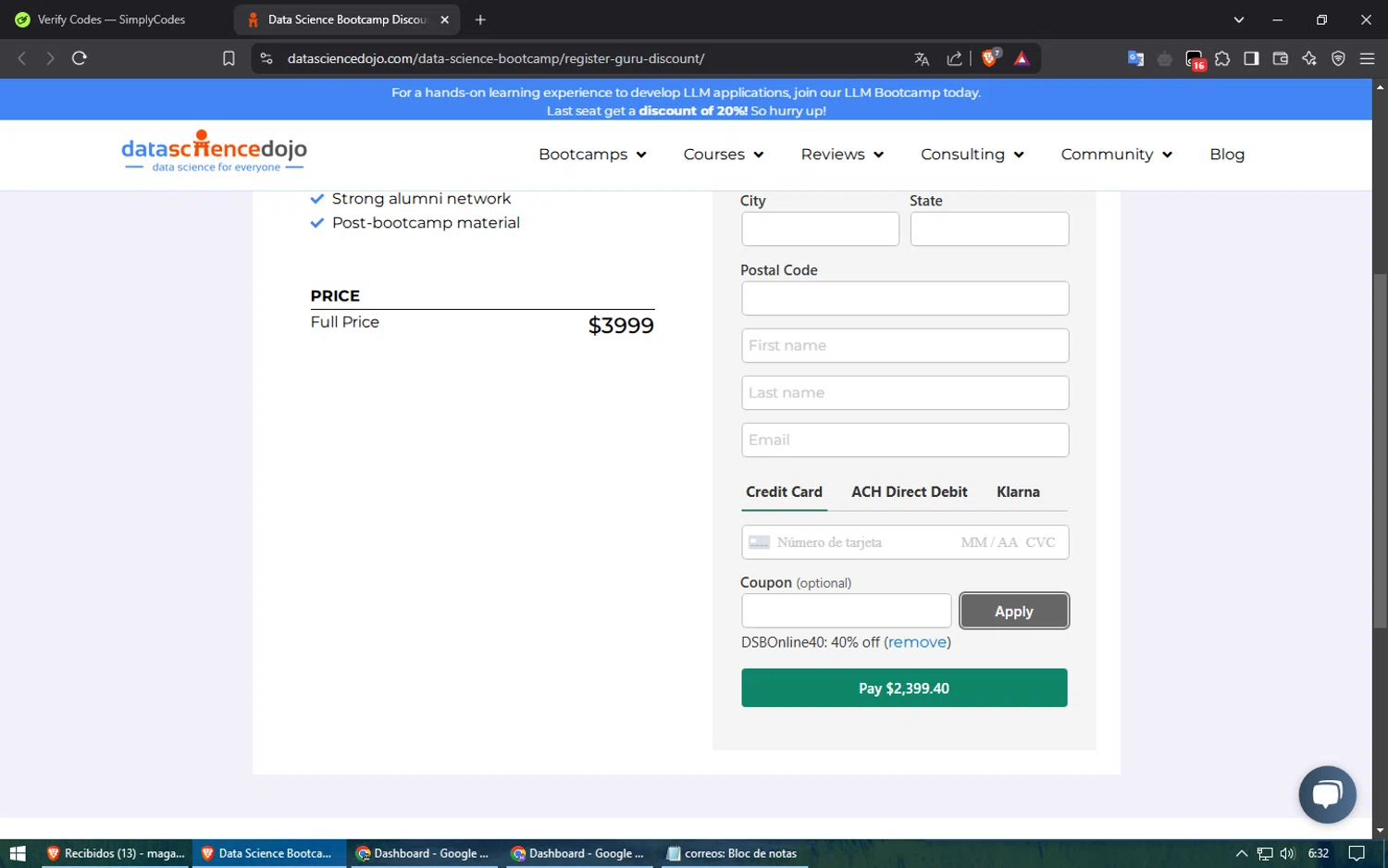 Data Science Dojo promo code screenshot showing code DSBOnline40 applied at Data Science Dojo checkout page. Uploaded by SimplyCodes community member ShieldElite2370 on Mar 24, 2025