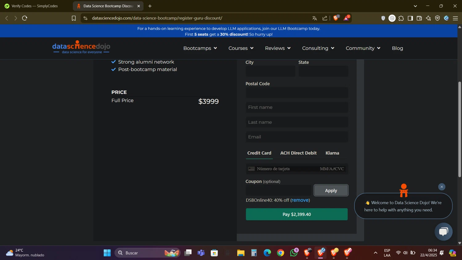 Data Science Dojo promo code screenshot showing code DSBOnline40 applied at Data Science Dojo checkout page. Uploaded by SimplyCodes community member DealAdmiral5466 on Apr 22, 2025