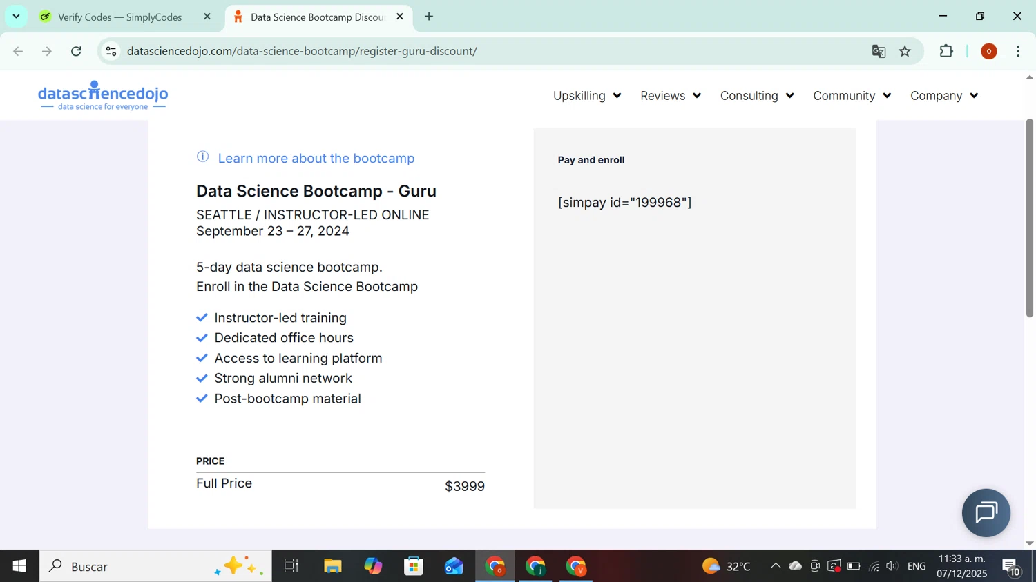 Data Science Dojo promo code screenshot showing code DSBSeattle25 applied at Data Science Dojo checkout page. Uploaded by SimplyCodes community member CashAdmiral6490 on Dec 7, 2025