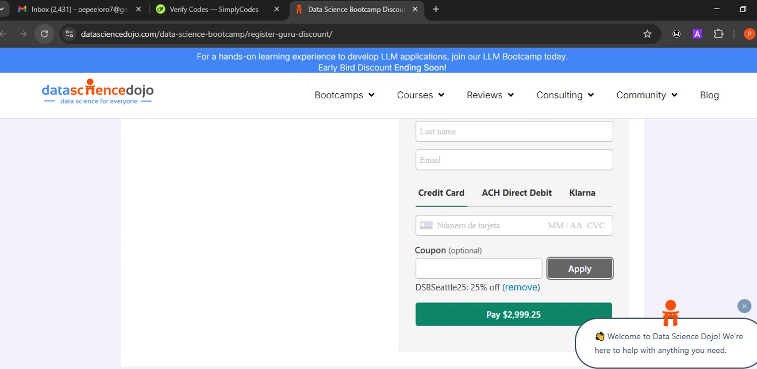 Data Science Dojo checkout page showing Data Science Dojo promo code box | Screenshot taken by SimplyCodes community member on May 21, 2025