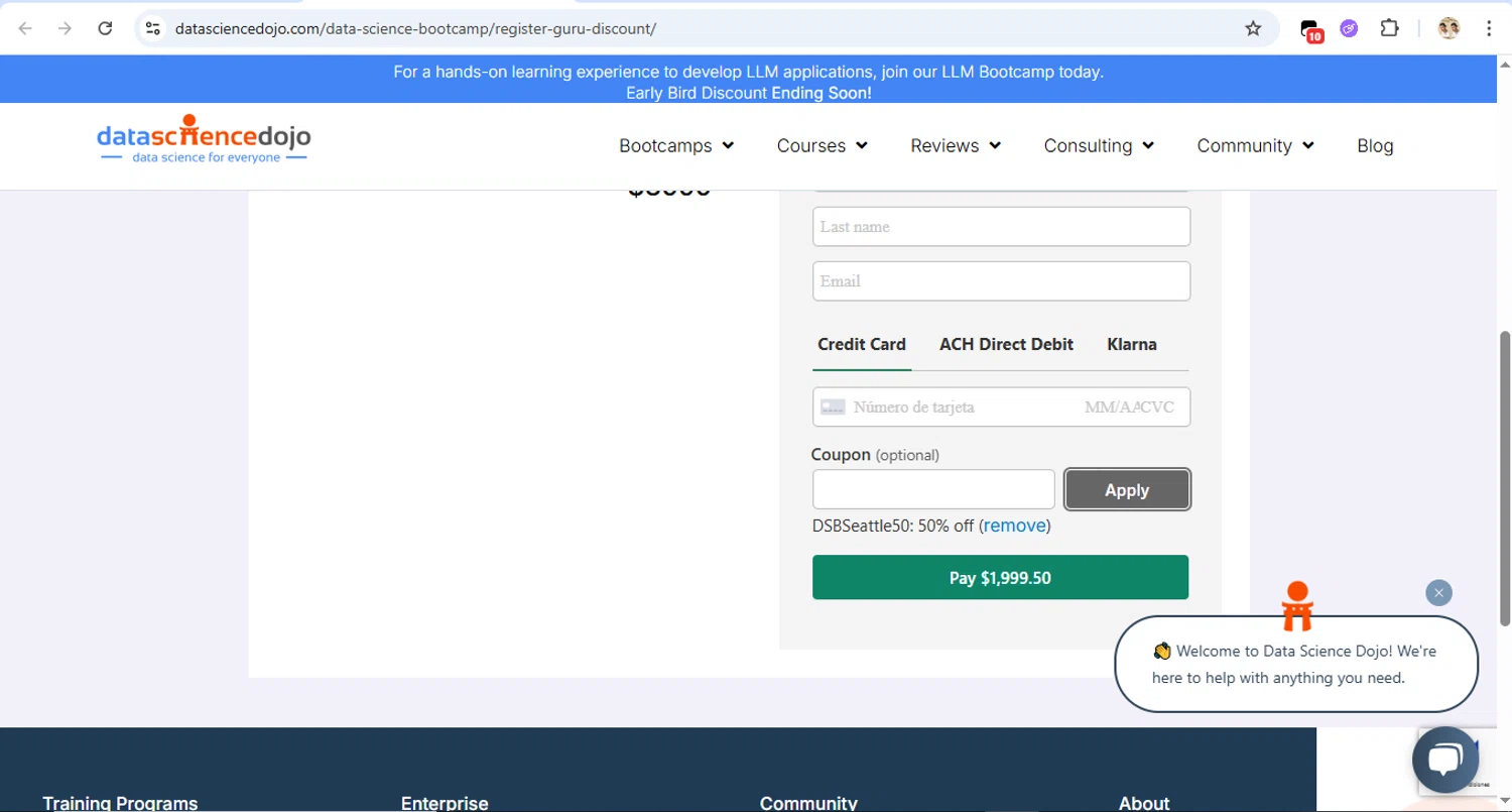 Data Science Dojo promo code screenshot showing code DSBSeattle50 applied at Data Science Dojo checkout page. Uploaded by SimplyCodes community member Fabio05 on Apr 30, 2025