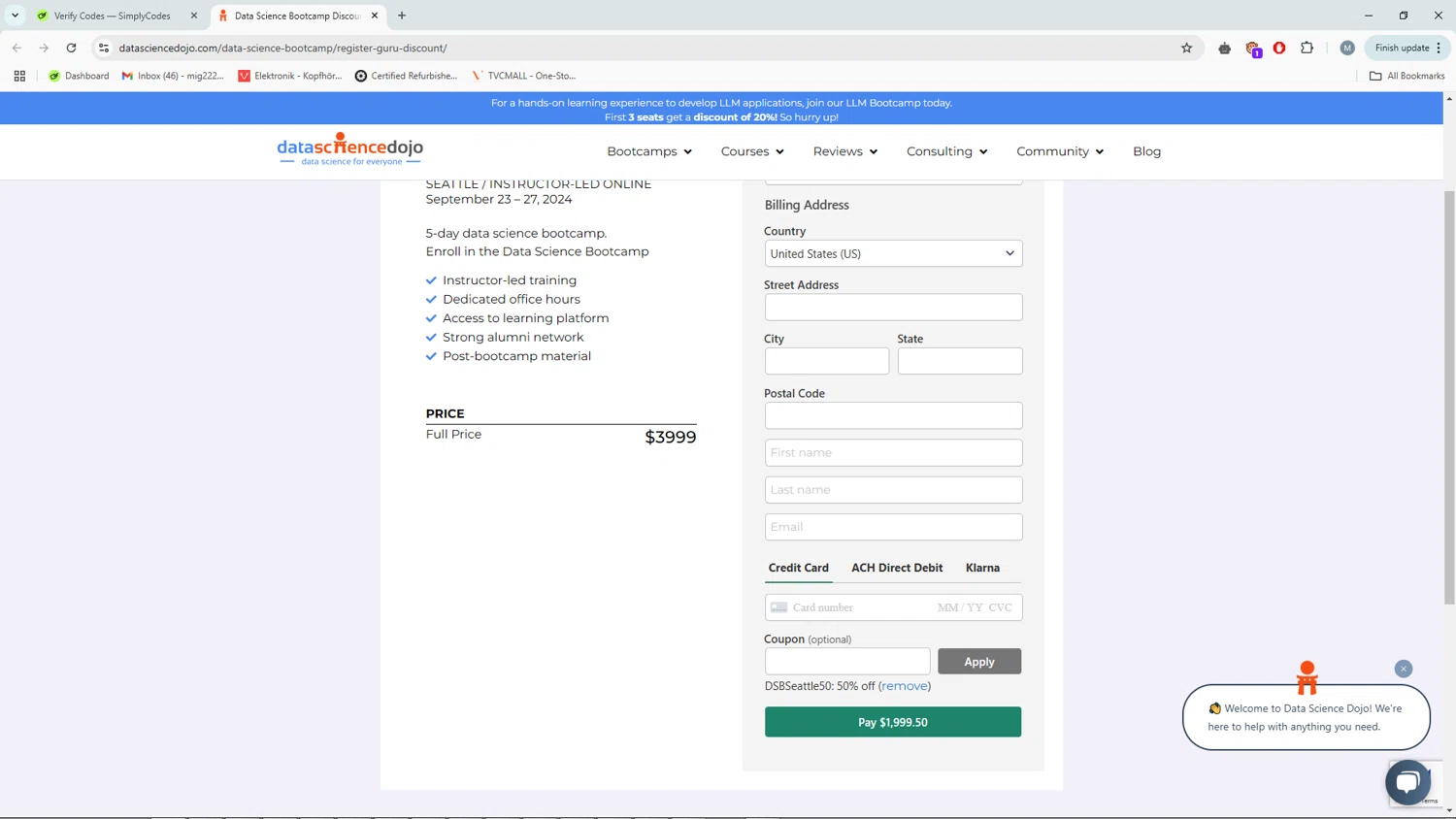 Data Science Dojo promo code screenshot showing code DSBSeattle50 applied at Data Science Dojo checkout page. Uploaded by SimplyCodes community member QuestLegend8027 on Mar 3, 2025