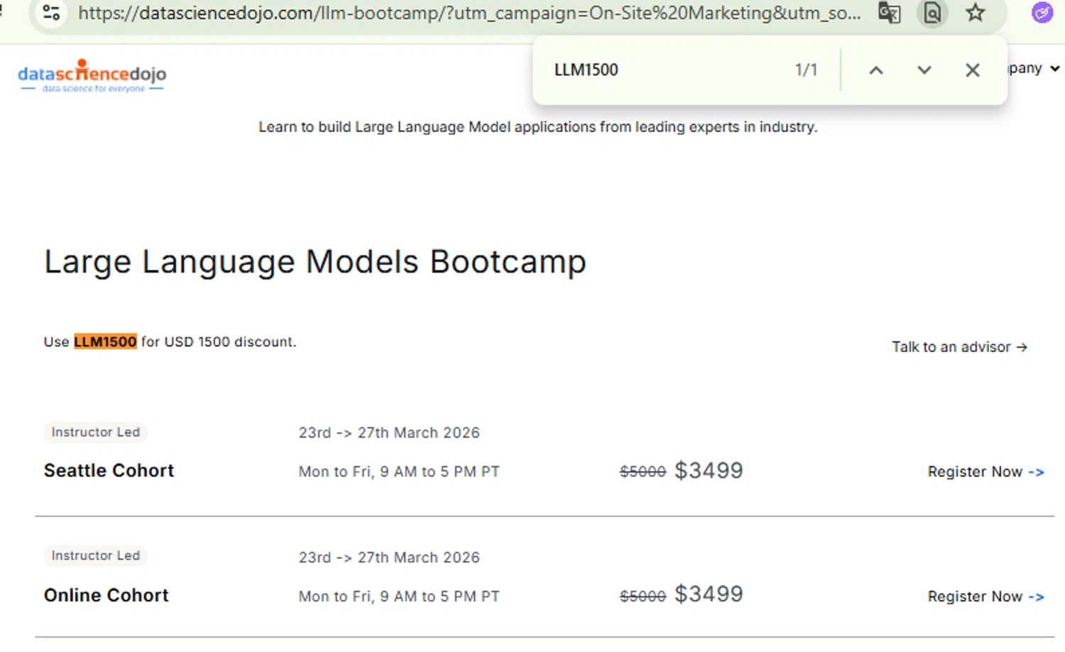 Data Science Dojo promo code screenshot showing code LLM1500 applied at Data Science Dojo checkout page. Uploaded by SimplyCodes community member RewardFinder4836 on Mar 7, 2026