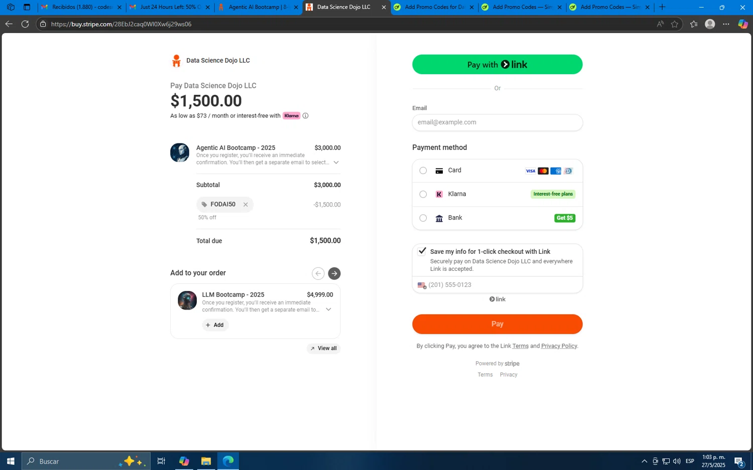 Data Science Dojo promo code screenshot showing code FODAI50 applied at Data Science Dojo checkout page. Uploaded by SimplyCodes community member Mdeoca on May 27, 2025