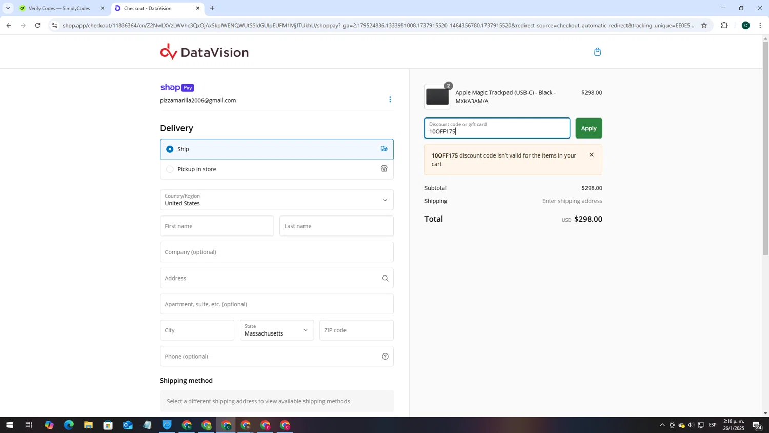 DataVision coupon code screenshot showing code 10OFF175 applied at DataVision checkout page. Uploaded by SimplyCodes community member neygoot on Jan 26, 2025