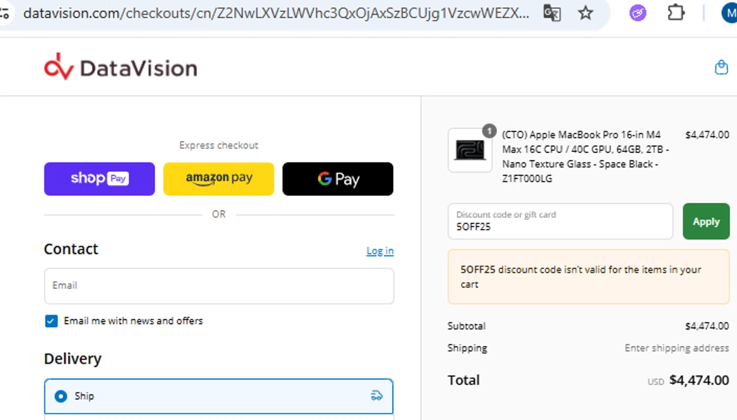 DataVision coupon code screenshot showing code 5OFF25 applied at DataVision checkout page. Uploaded by SimplyCodes community member PennyOwl2559 on Jul 17, 2025